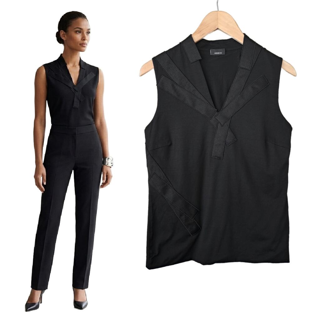 Akris Black Geometric Trim V-Neck Sleeveless Stretch Top US 12 *fits 8